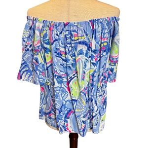 LILLY PULITZER tropical fruit print off the shoulder blouse Size Medium EUC